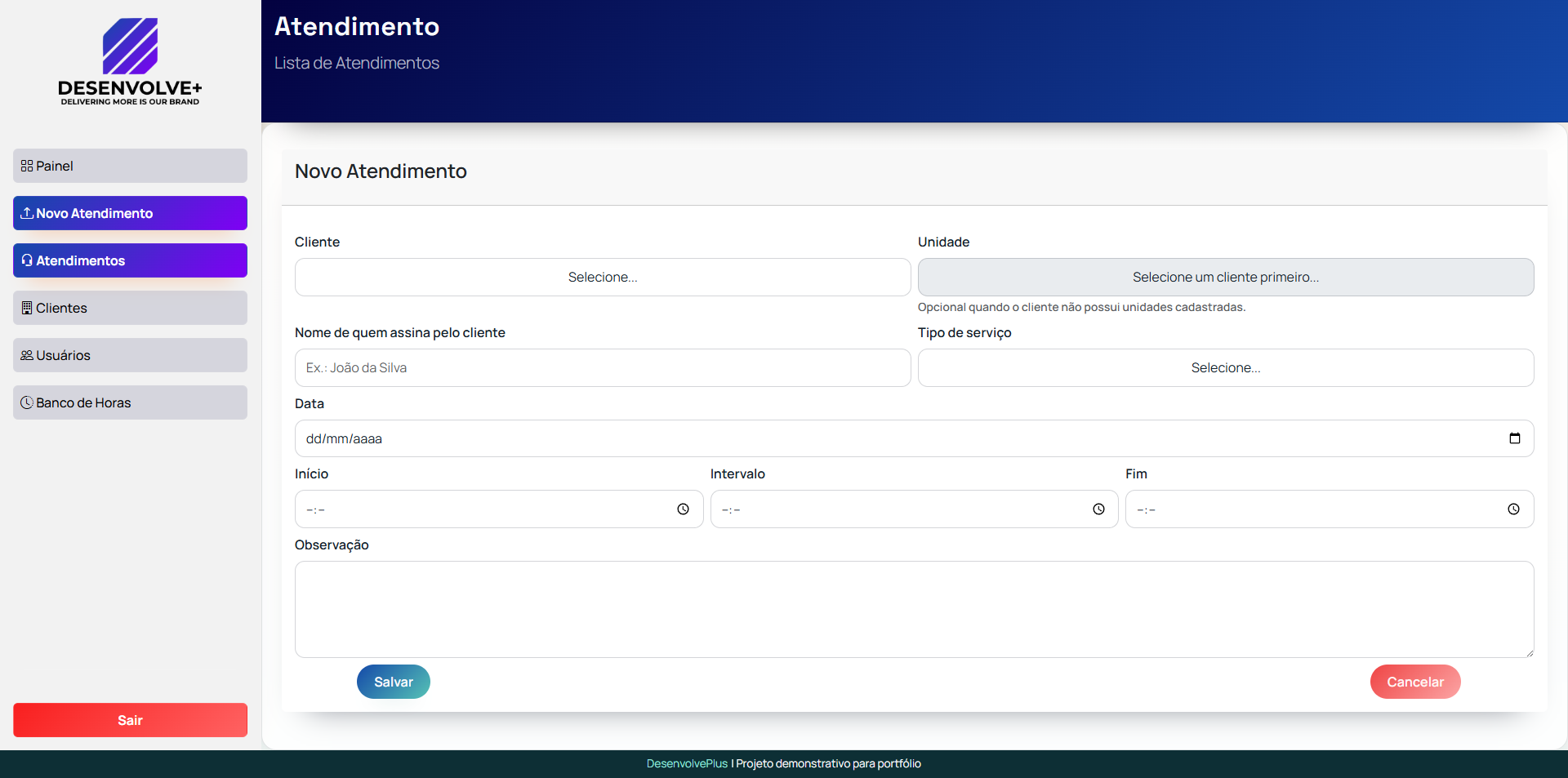 Tela de gestão de atendimentos do Banco de Horas